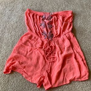 Coral strapless romper